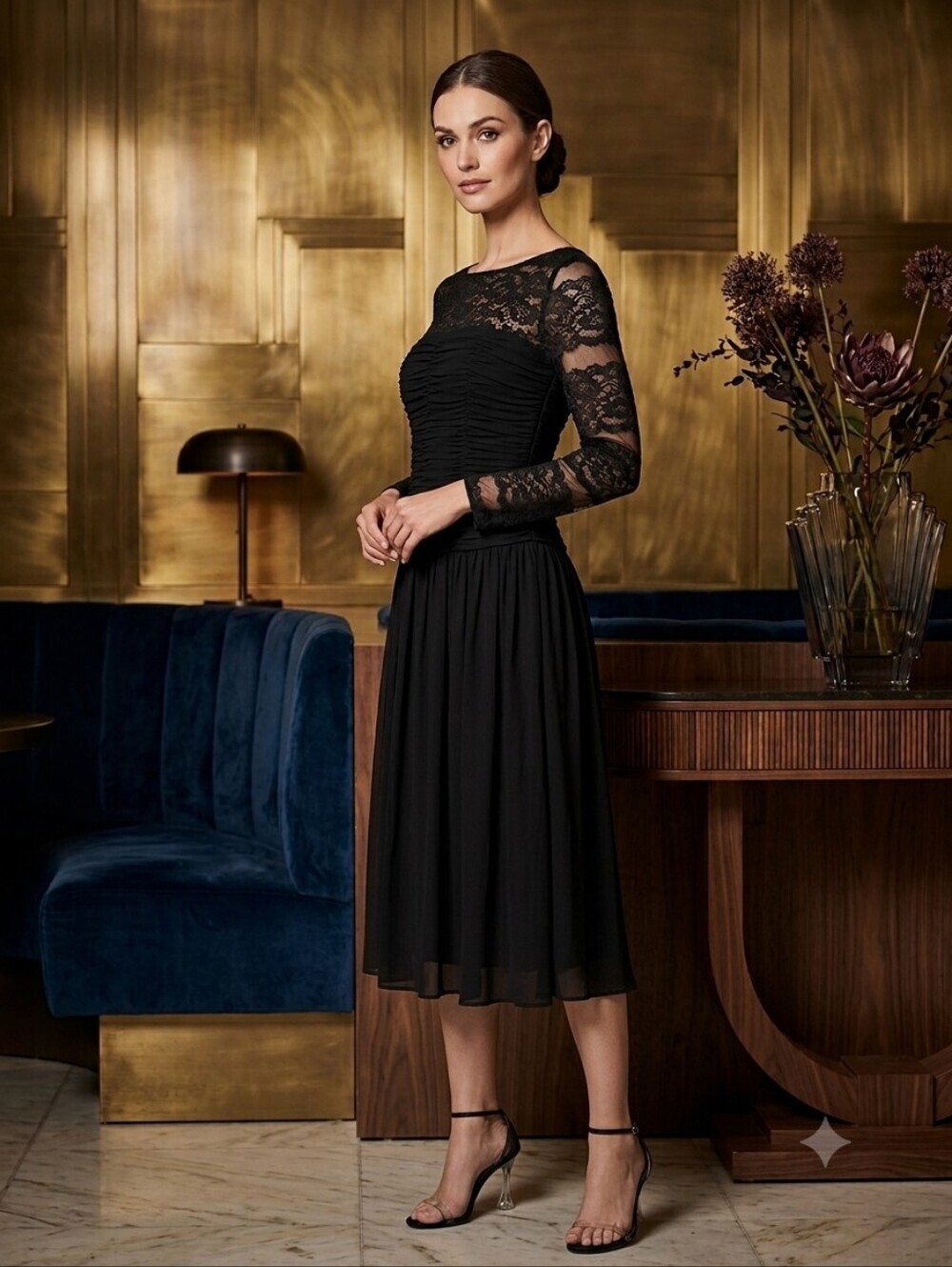 Oscar De La Renta Silk Sheer Chiffon Ruched Lace Gown Dress